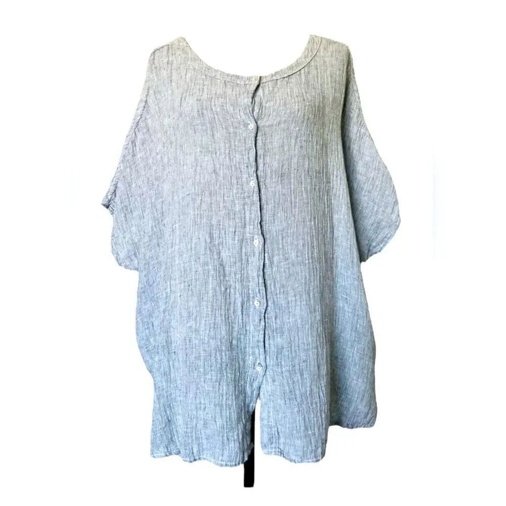 Tahari Sz M 100% Linen Textured Dolman Sleeve Top Lagenlook Gray Boxy Like new